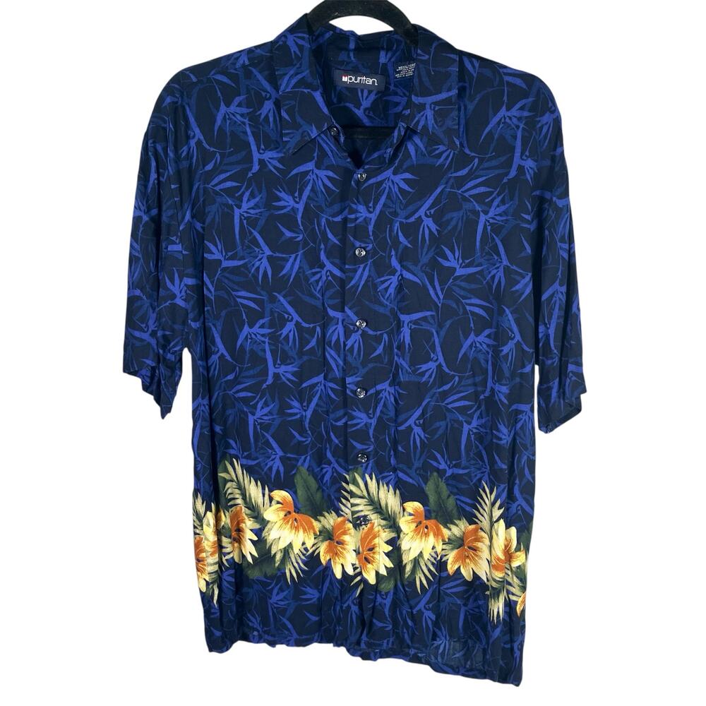Puritan Men's Hawaiian Shirt Medium Blue Tropical Floral Rayon Aloha Button Down